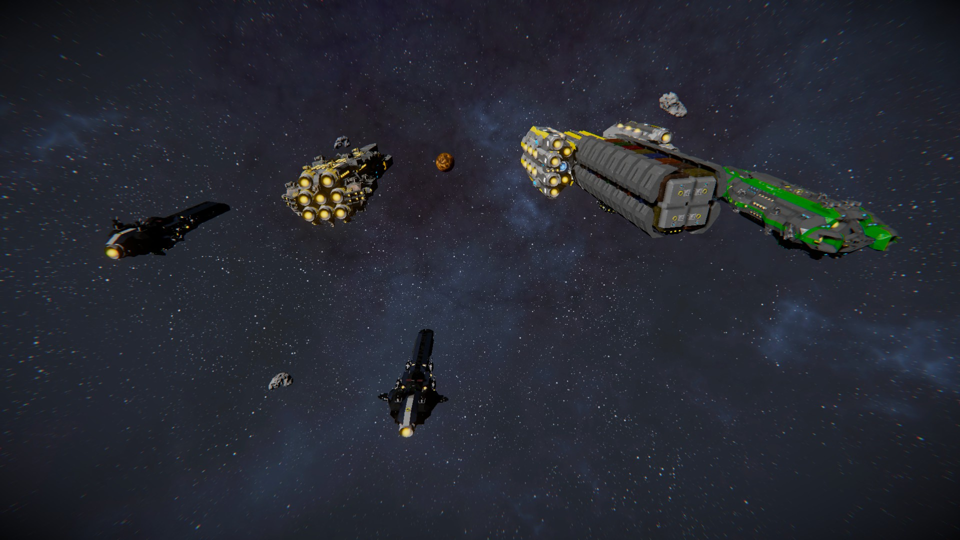 The Tyche cargo ship travelling with its escort fleet during the first Gamemaster Convoy Event