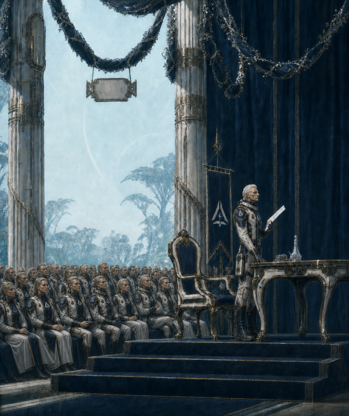 Va'Char religious and military leaders consecrating Teal before the colony ship's assembled crew