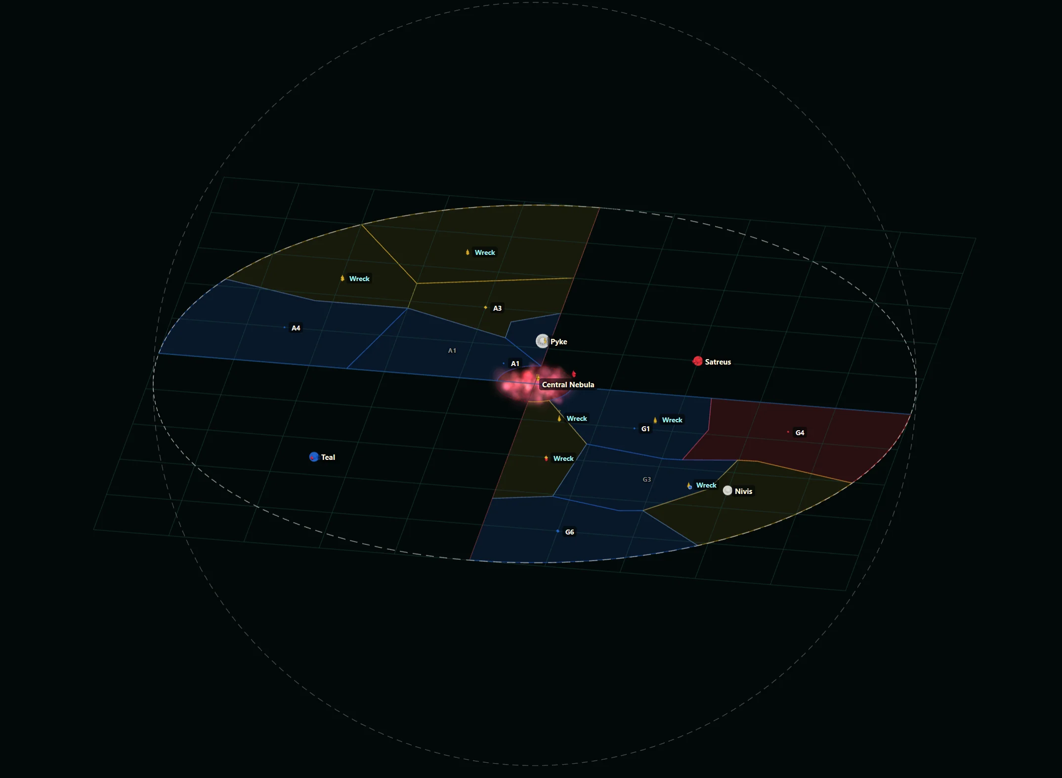 A full three-dimensional view of Beyond the Nebula's Season One Starmap with campaign sectors, planets and objectives
