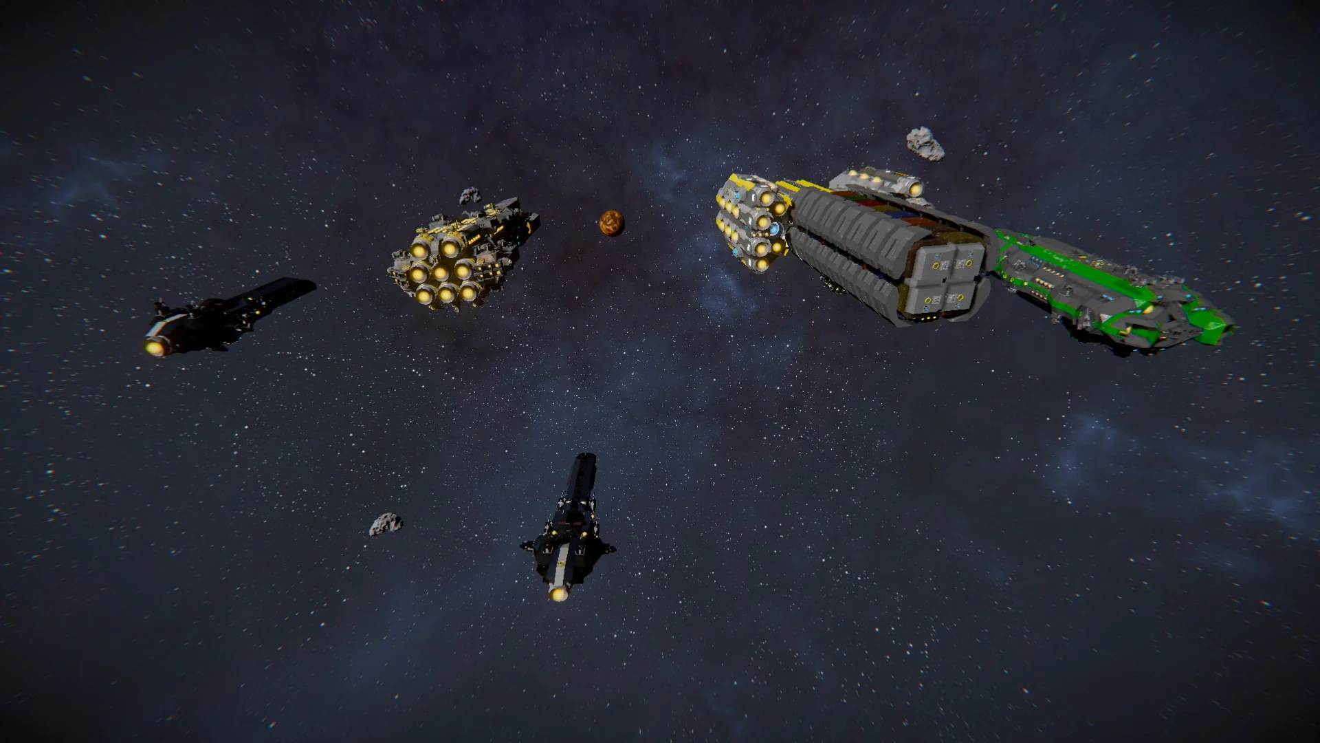 The Tyche cargo ship travelling with its escort fleet during the first Gamemaster Convoy Event