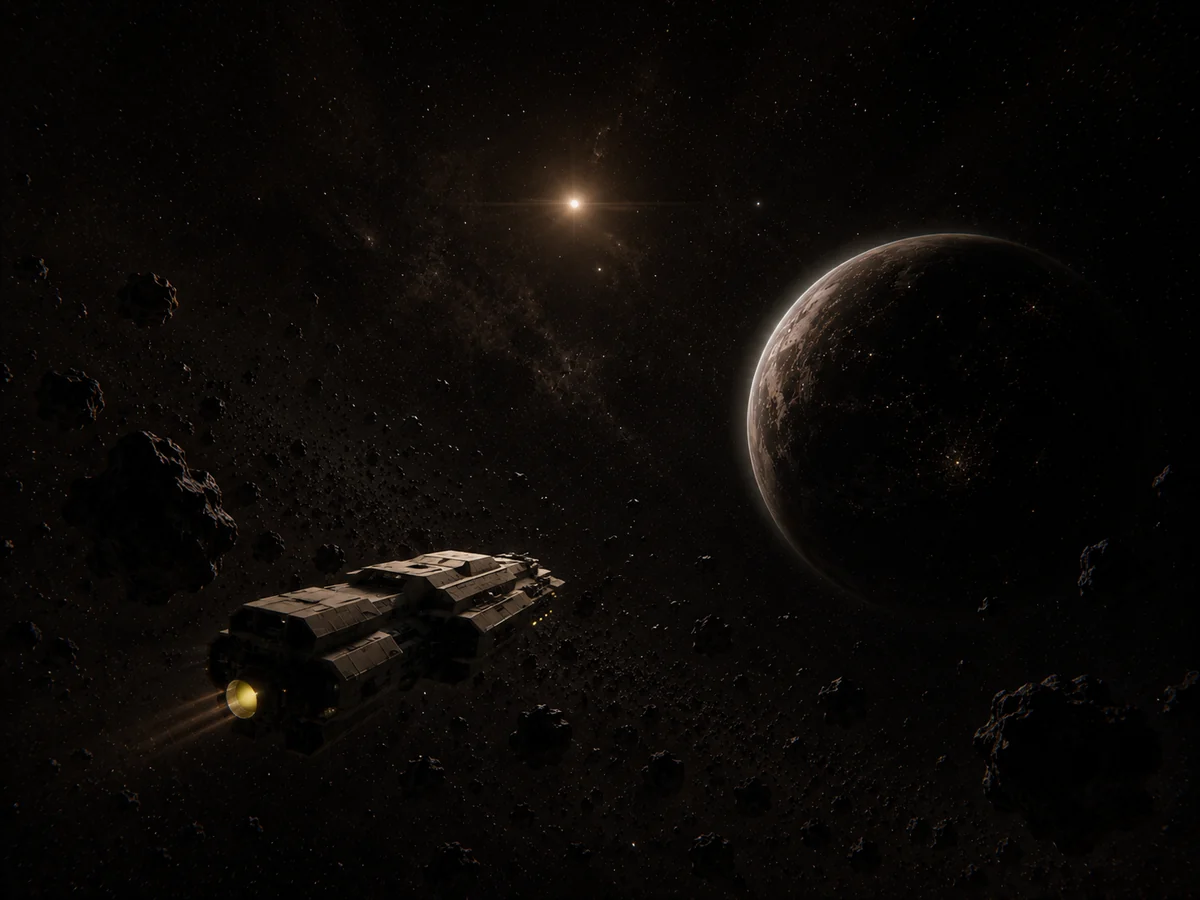 A convoy ship crossing an asteroid field near a shadowed planet