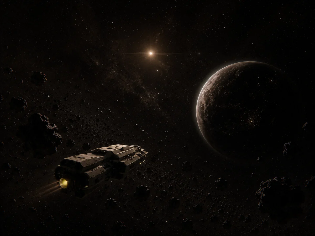A convoy ship crossing an asteroid field near a shadowed planet