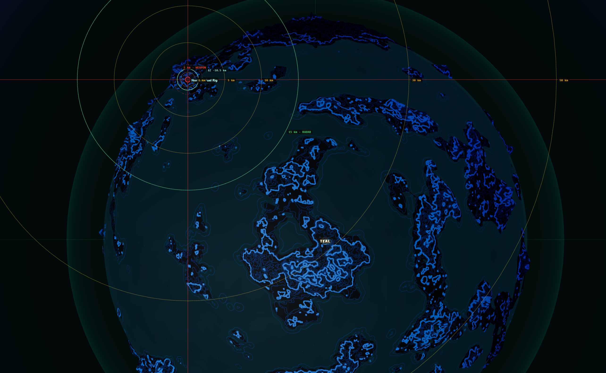 A tactical Teal radar display with planetary terrain, weapon and radar ranges