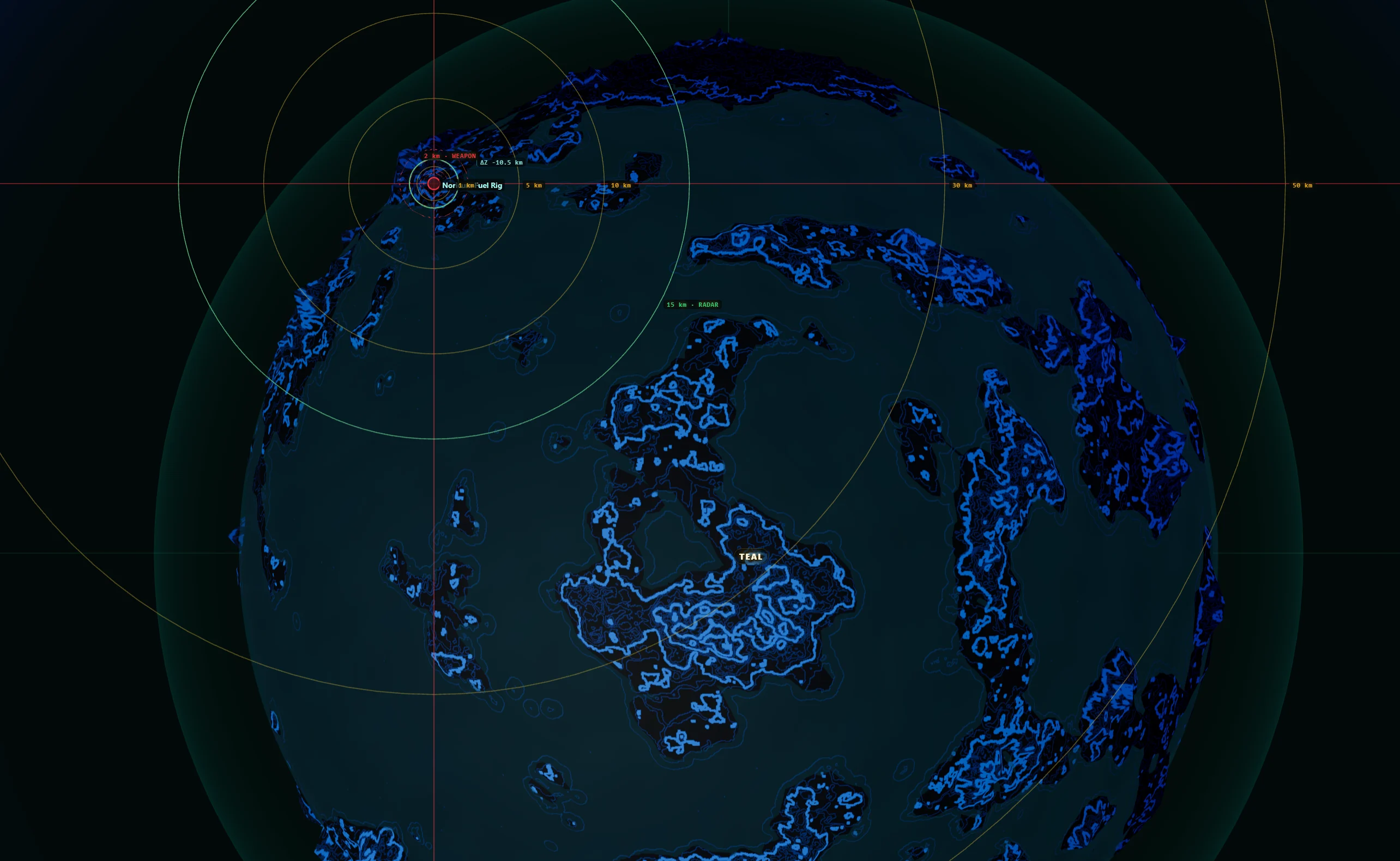 A tactical Teal radar display with planetary terrain, weapon and radar ranges