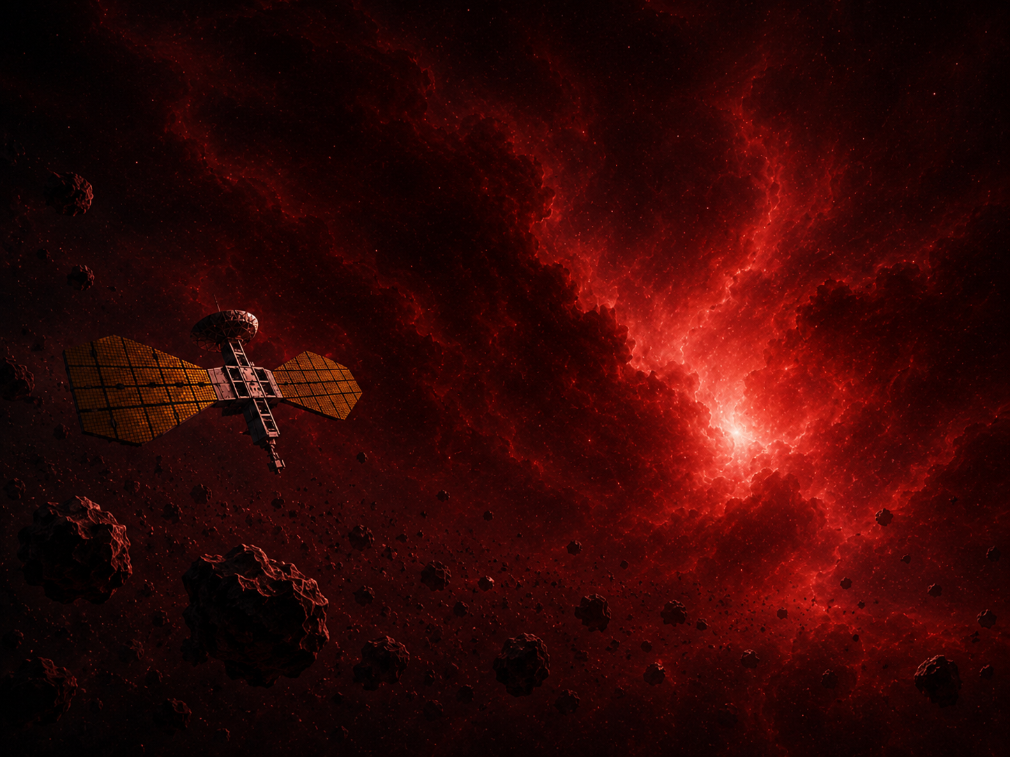 A satellite moving through a red nebula and asteroid field