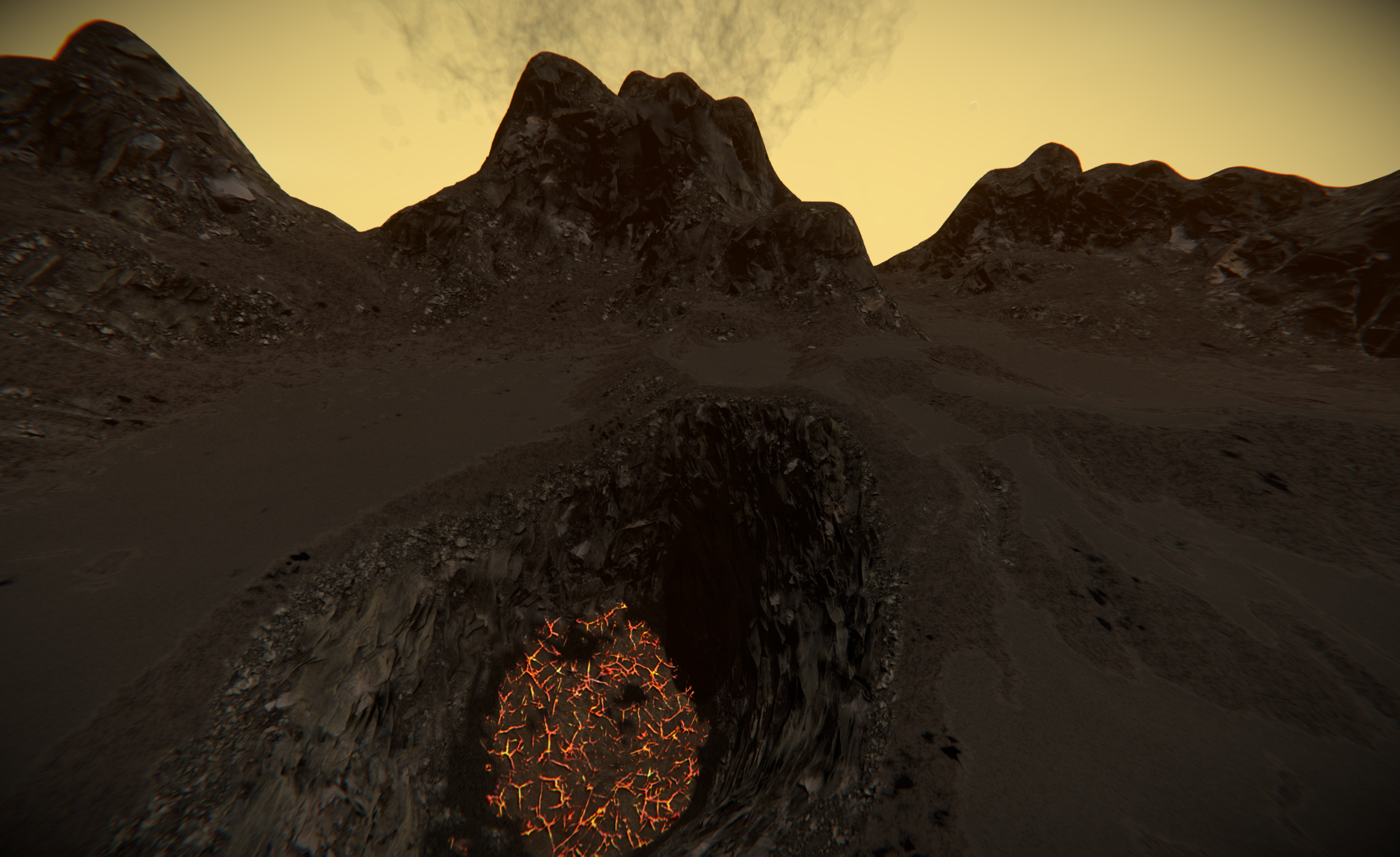Dark volcanic terrain and a glowing lava formation at Capture Zone A2 on Pyke