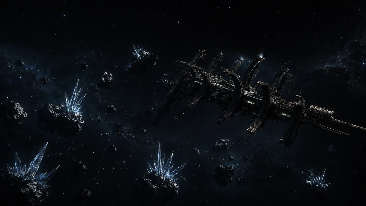 Shared placeholder artwork for Capture Zone A1 showing an industrial station amid crystal-covered asteroids