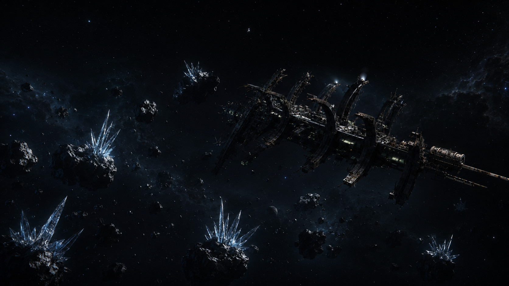 Shared placeholder artwork for Capture Zone A1 showing an industrial station amid crystal-covered asteroids
