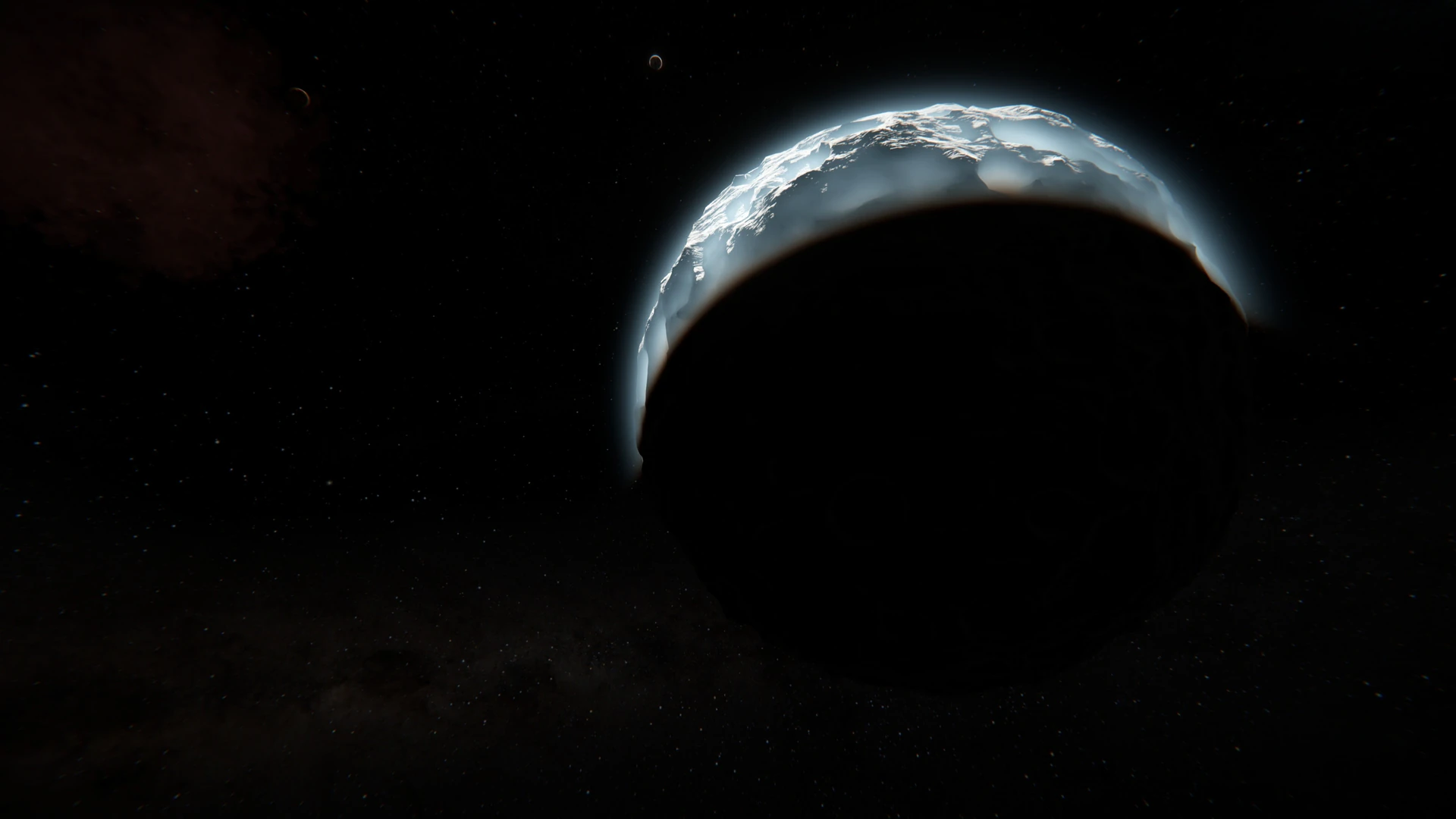 Satellite view of Object-85, a dark cratered moon with a bright icy rim